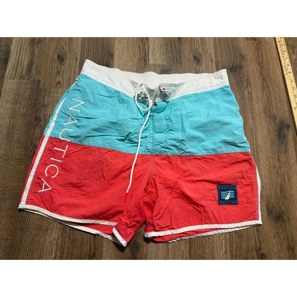 Nautica Swim Trunks Mens L Teal Red Sailing Colorblock Board Shorts Excellent